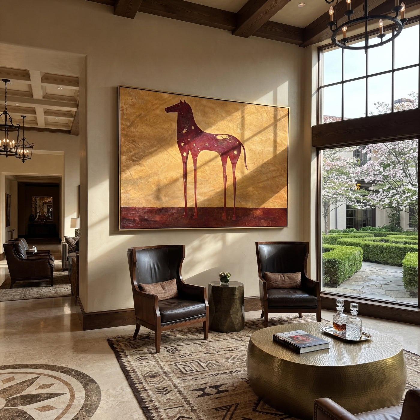 Constellations Rest on Burgundy - celestial burgundy horse painting by Isabelle Laurent, modern Western horizontal wall art – styled room scene view 1