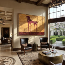 Constellations Rest on Burgundy - celestial burgundy horse painting by Isabelle Laurent, modern Western horizontal wall art – styled room scene view 1