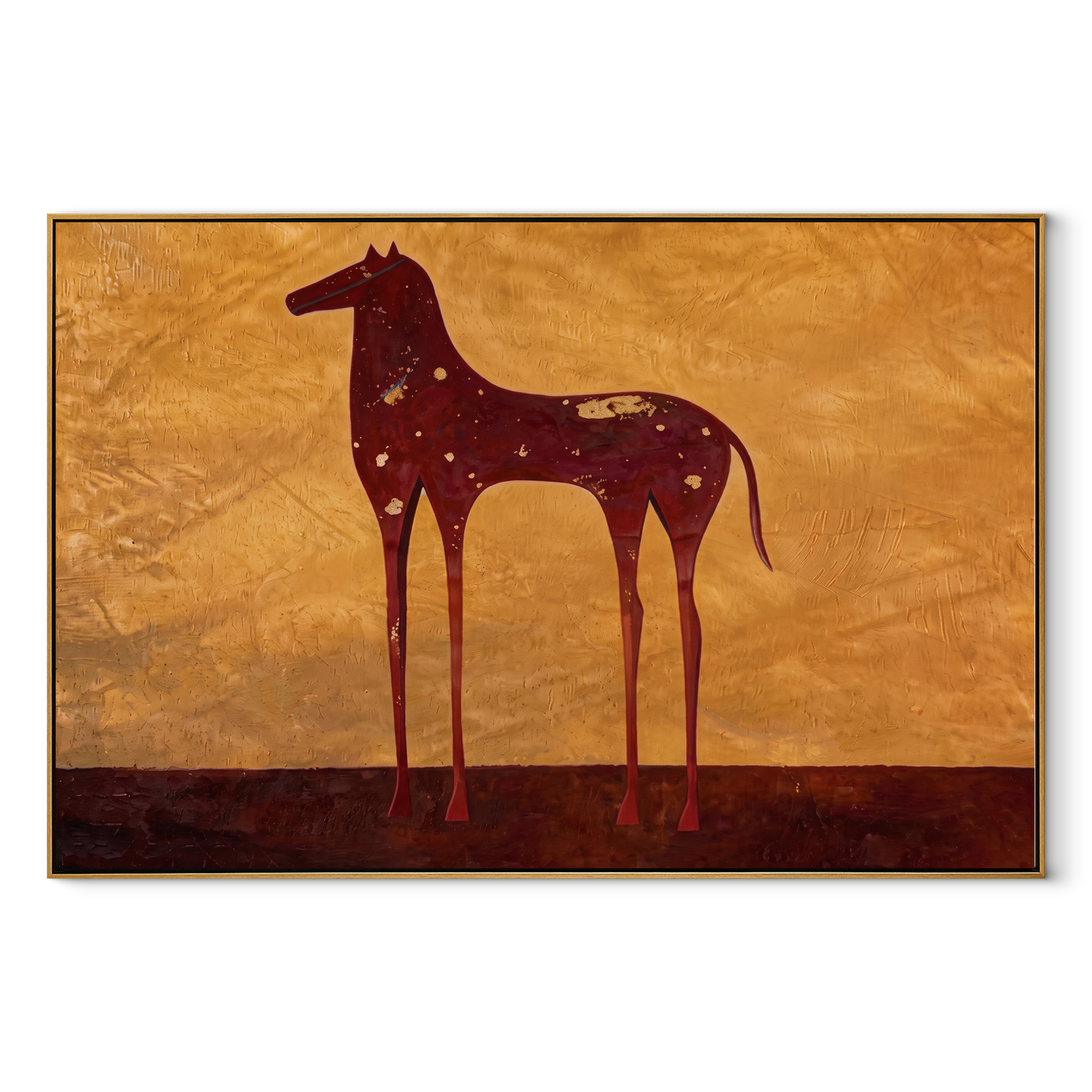 Constellations Rest on Burgundy - celestial burgundy horse painting by Isabelle Laurent, modern Western horizontal wall art – wood frame on white background