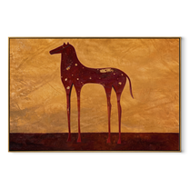 Constellations Rest on Burgundy - celestial burgundy horse painting by Isabelle Laurent, modern Western horizontal wall art – wood frame on white background