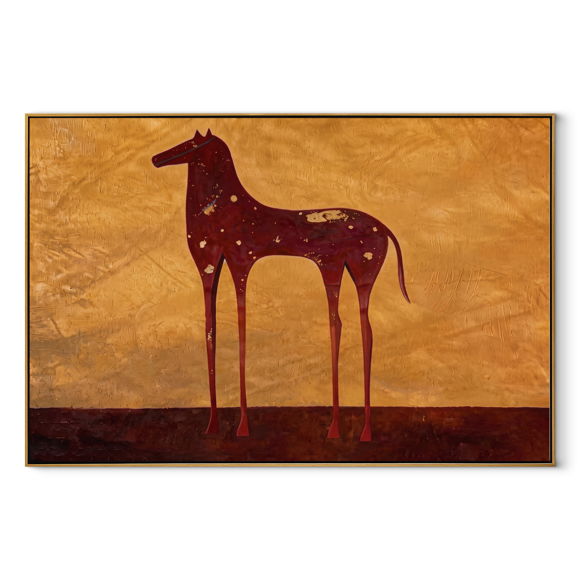 Constellations Rest on Burgundy - celestial burgundy horse painting by Isabelle Laurent, modern Western horizontal wall art – wood frame on white background
