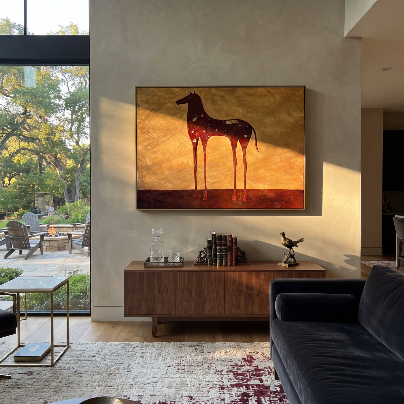 Constellations Rest on Burgundy - celestial burgundy horse painting by Isabelle Laurent, modern Western horizontal wall art – styled room scene view 2