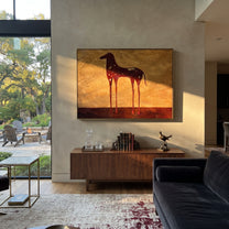 Constellations Rest on Burgundy - celestial burgundy horse painting by Isabelle Laurent, modern Western horizontal wall art – styled room scene view 2