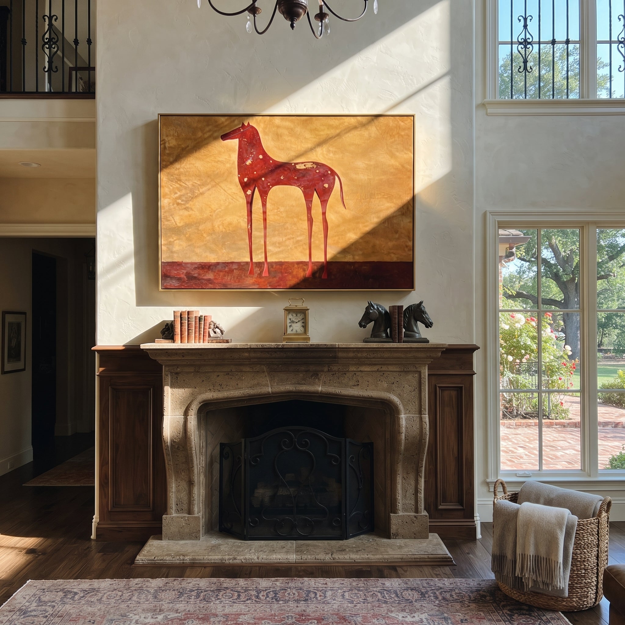 Constellations Rest on Burgundy - celestial burgundy horse painting by Isabelle Laurent, modern Western horizontal wall art – styled room scene view 3