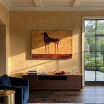 Constellations Rest on Burgundy - celestial burgundy horse painting by Isabelle Laurent, modern Western horizontal wall art – styled room scene view 4