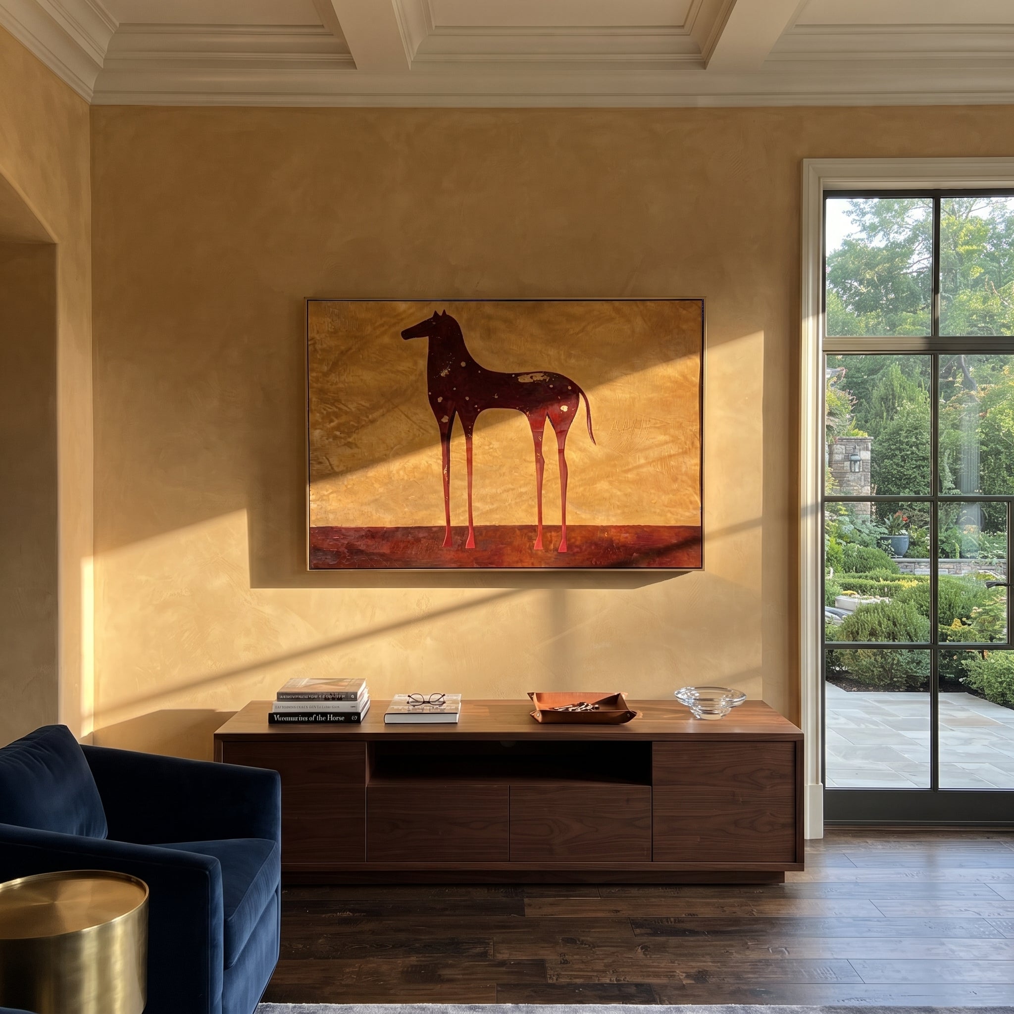 Constellations Rest on Burgundy - celestial burgundy horse painting by Isabelle Laurent, modern Western horizontal wall art – styled room scene view 4