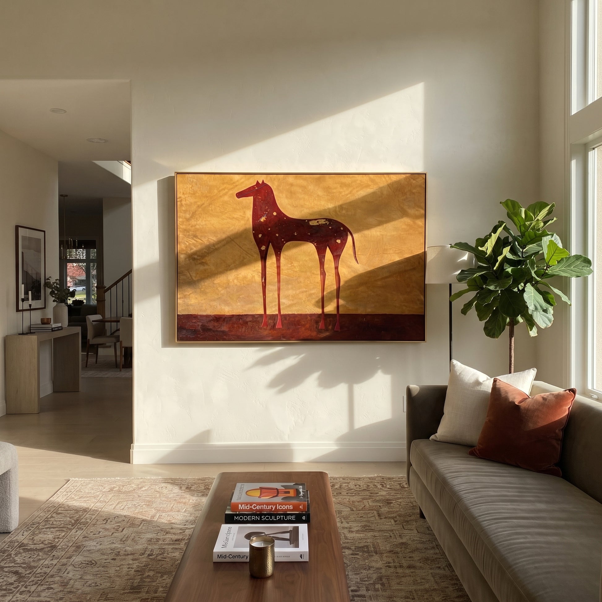 Constellations Rest on Burgundy - celestial burgundy horse painting by Isabelle Laurent, modern Western horizontal wall art – styled room scene view 5