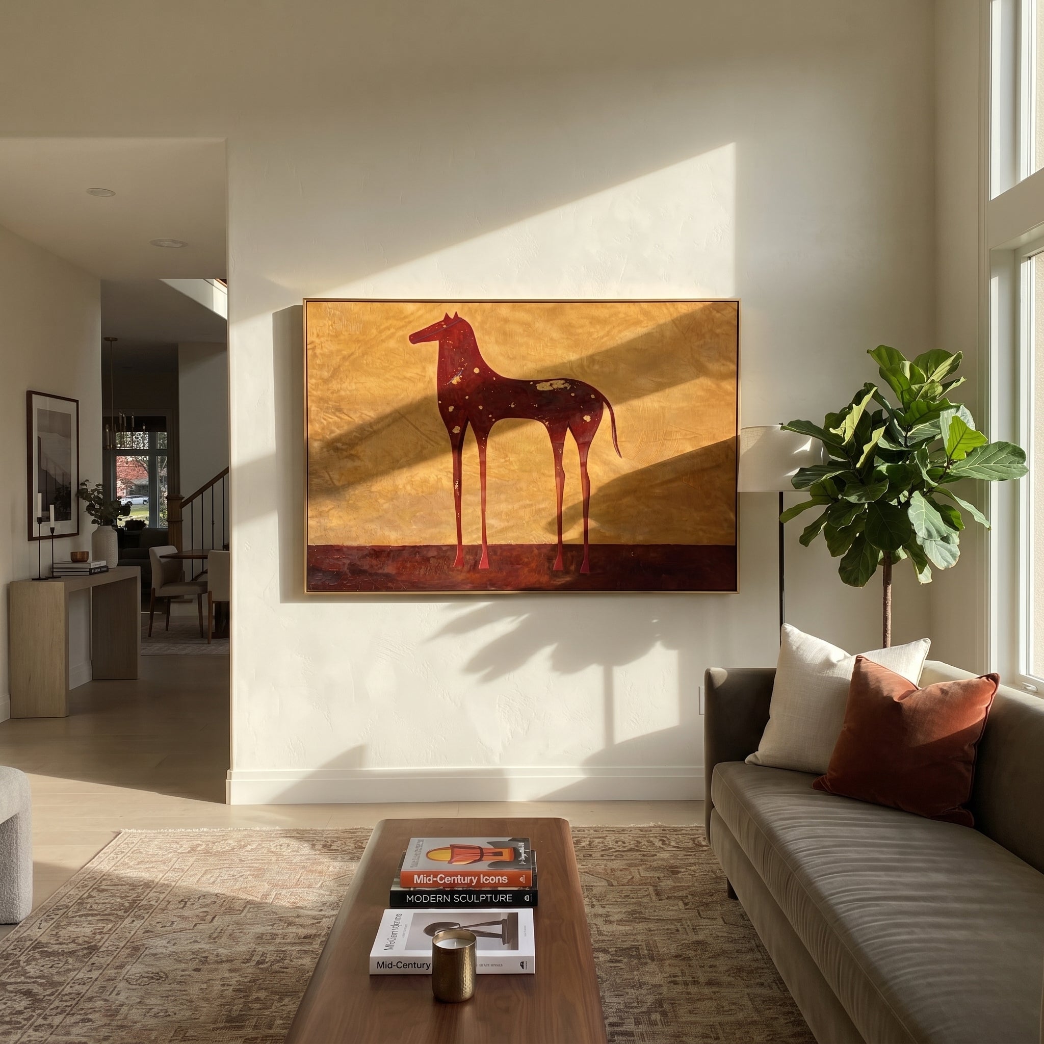Constellations Rest on Burgundy - celestial burgundy horse painting by Isabelle Laurent, modern Western horizontal wall art – styled room scene view 5