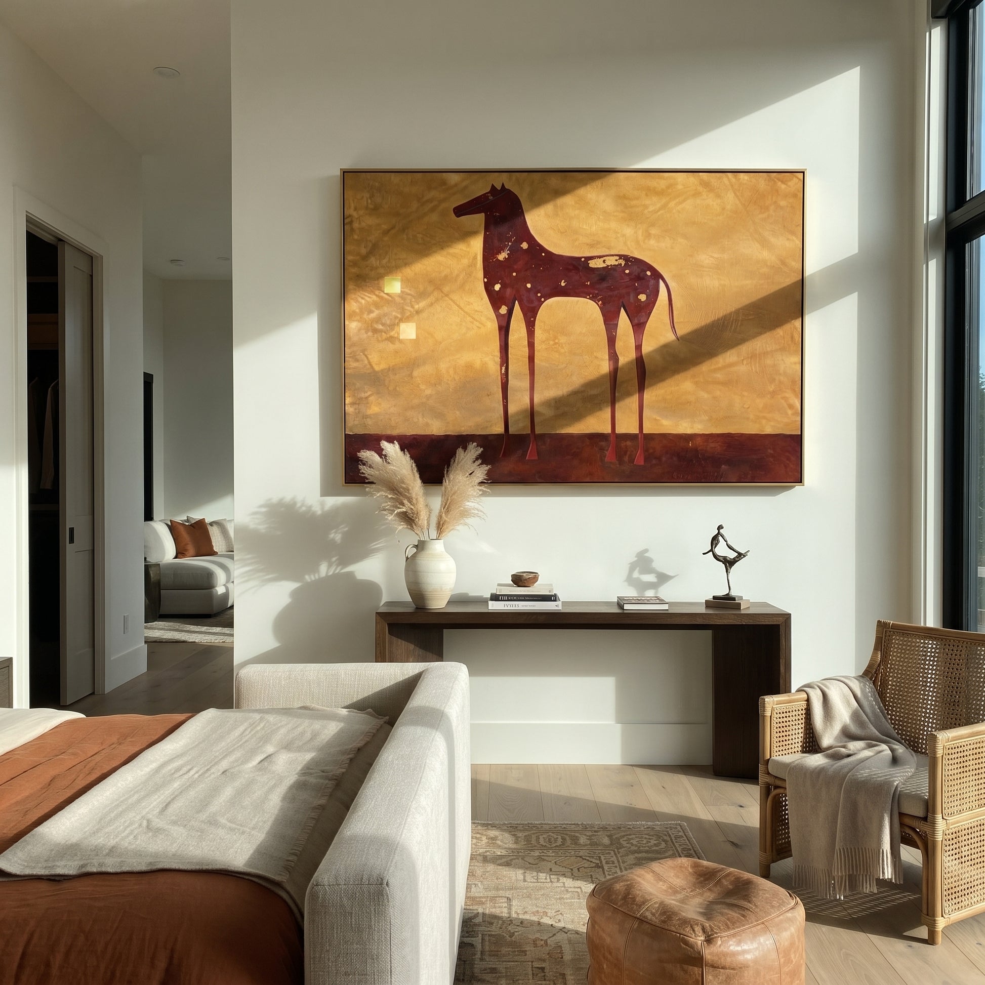 Constellations Rest on Burgundy - celestial burgundy horse painting by Isabelle Laurent, modern Western horizontal wall art – styled room scene view 6