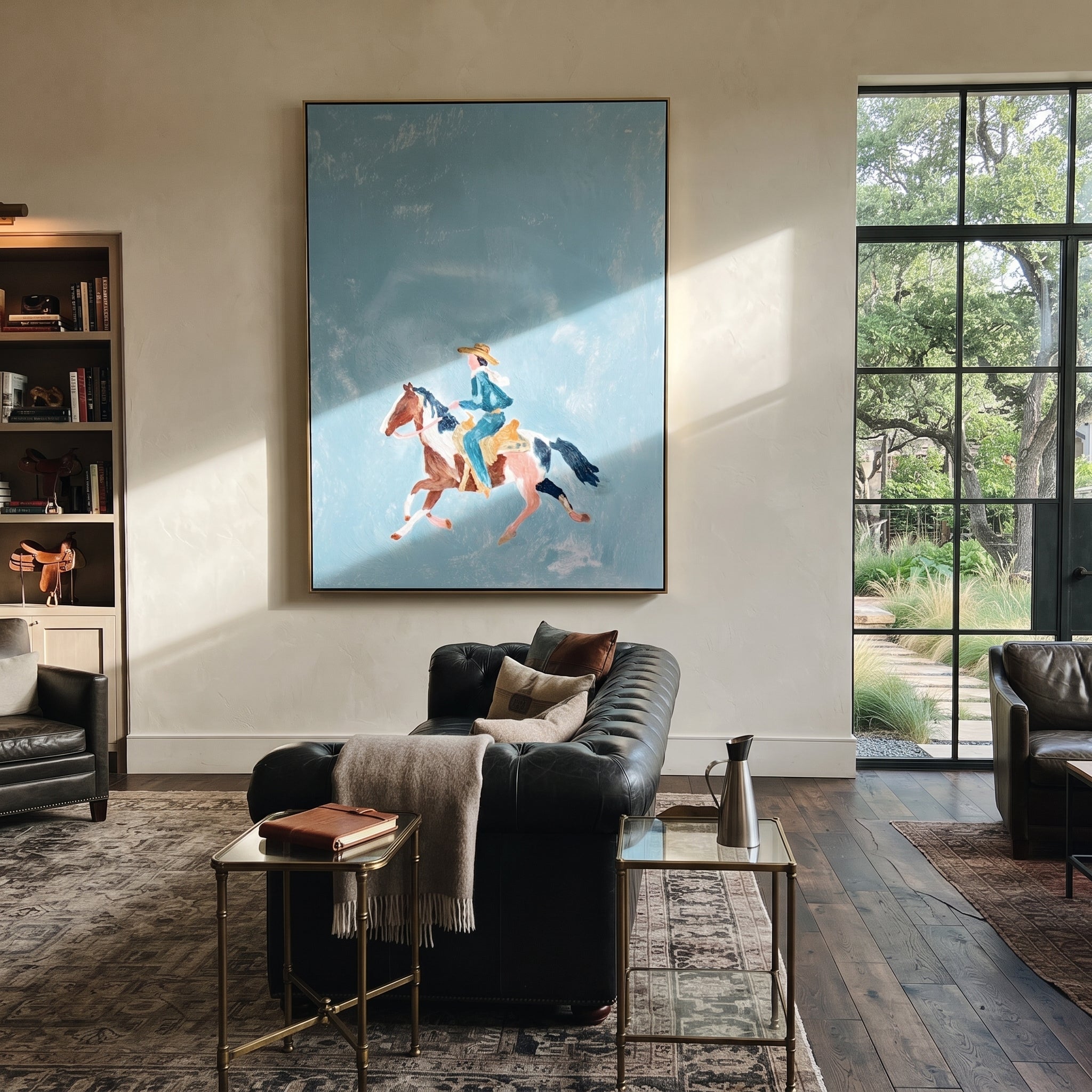 Blue Sky Carries Gallop - small horse rider painting by Isabelle Laurent, modern Western vertical wall art – styled room scene view 1