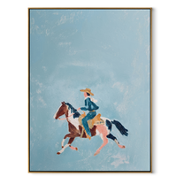 Blue Sky Carries Gallop - small horse rider painting by Isabelle Laurent, modern Western vertical wall art – wood frame on white background