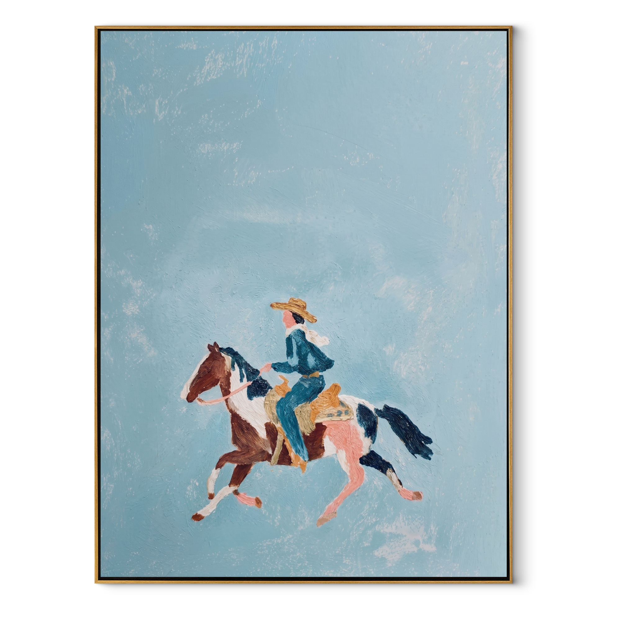 Blue Sky Carries Gallop - small horse rider painting by Isabelle Laurent, modern Western vertical wall art – wood frame on white background