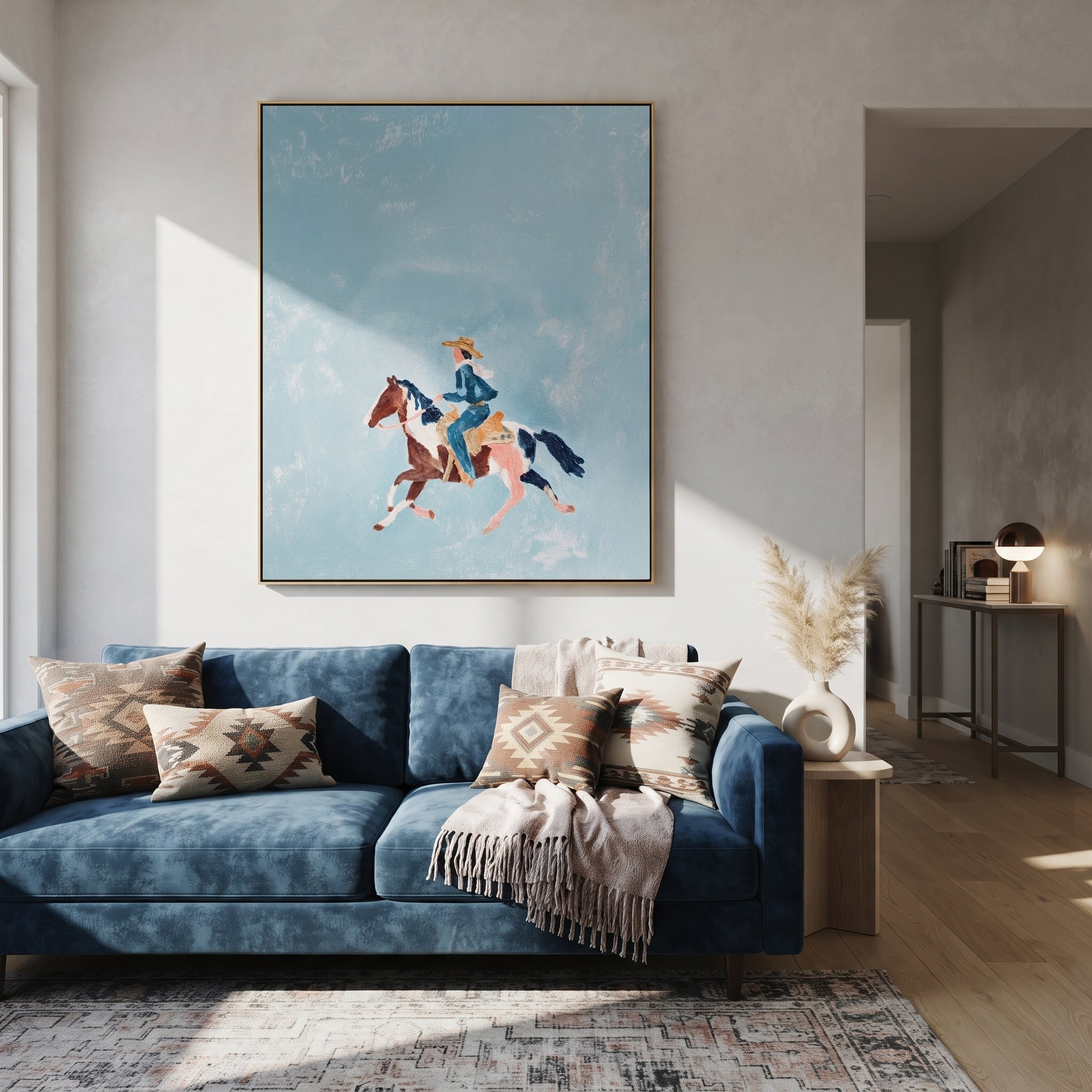 Blue Sky Carries Gallop - small horse rider painting by Isabelle Laurent, modern Western vertical wall art – styled room scene view 2