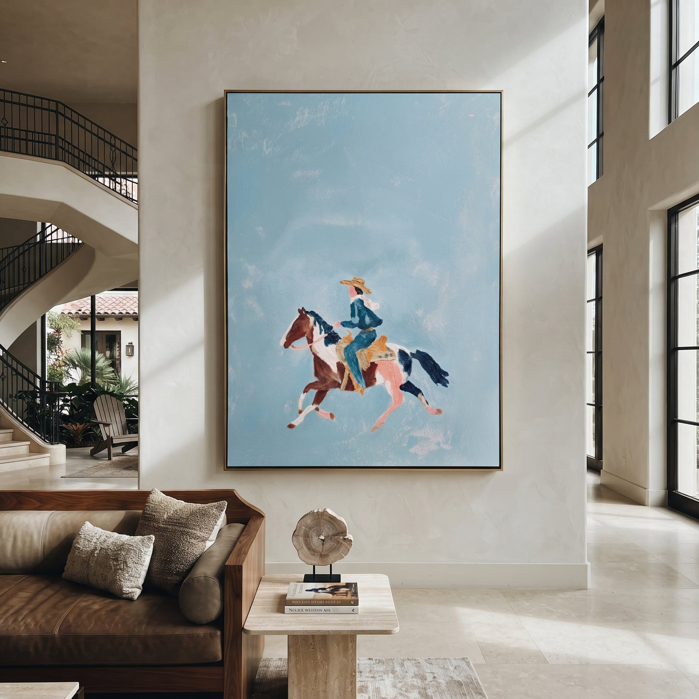 Blue Sky Carries Gallop - small horse rider painting by Isabelle Laurent, modern Western vertical wall art – styled room scene view 3