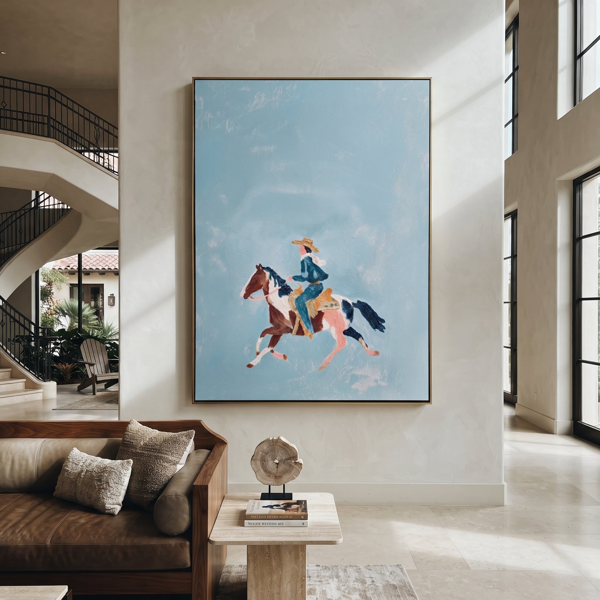 Blue Sky Carries Gallop - small horse rider painting by Isabelle Laurent, modern Western vertical wall art – styled room scene view 3