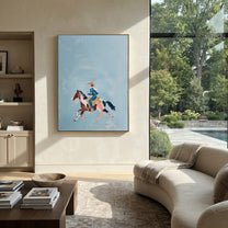 Blue Sky Carries Gallop - small horse rider painting by Isabelle Laurent, modern Western vertical wall art – styled room scene view 4
