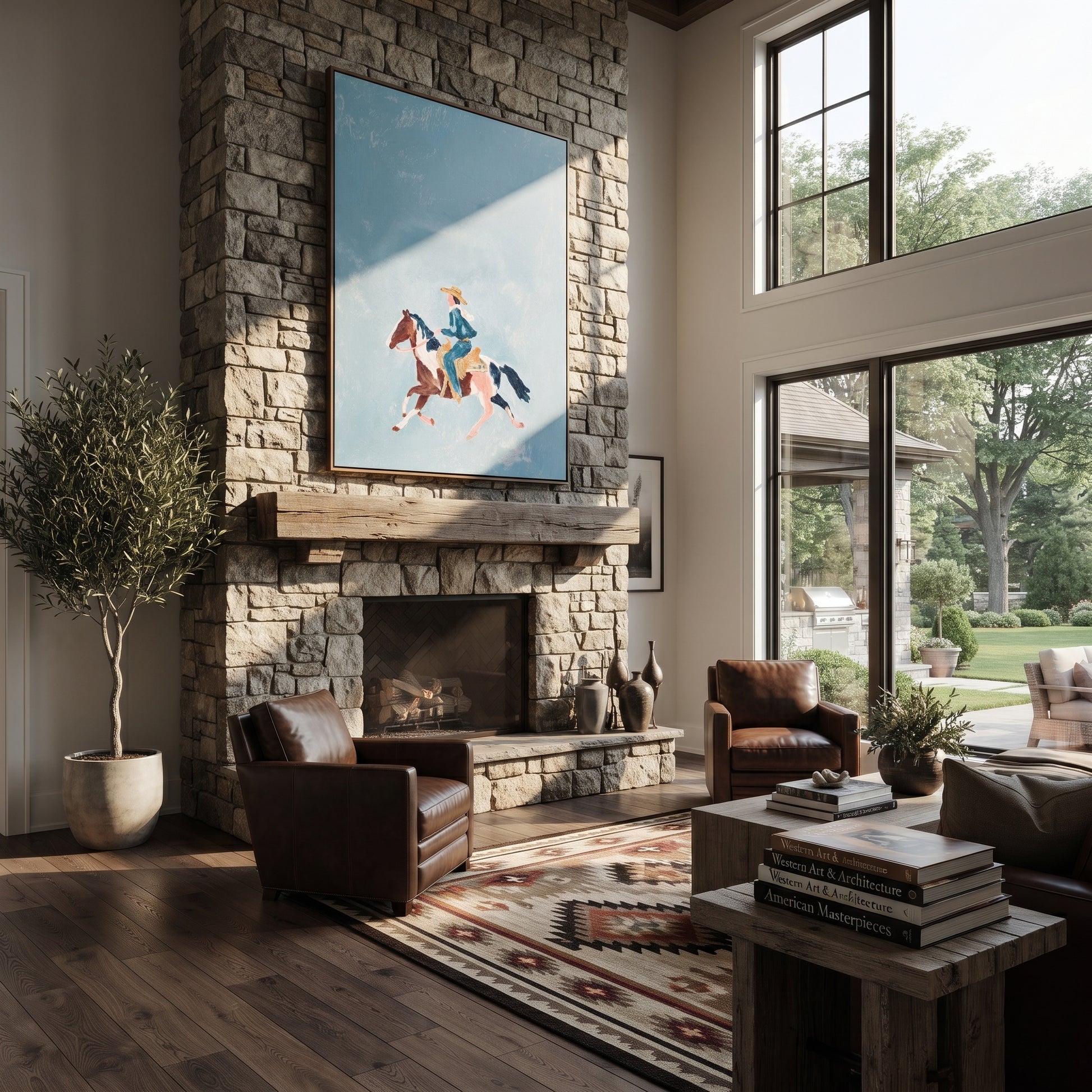 Blue Sky Carries Gallop - small horse rider painting by Isabelle Laurent, modern Western vertical wall art – styled room scene view 5