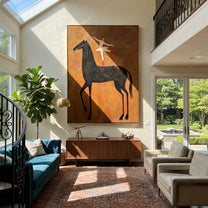 Dancer Opens Ochre Air - ballerina black horse painting by Isabelle Laurent, modern Western vertical wall art – styled room scene view 1