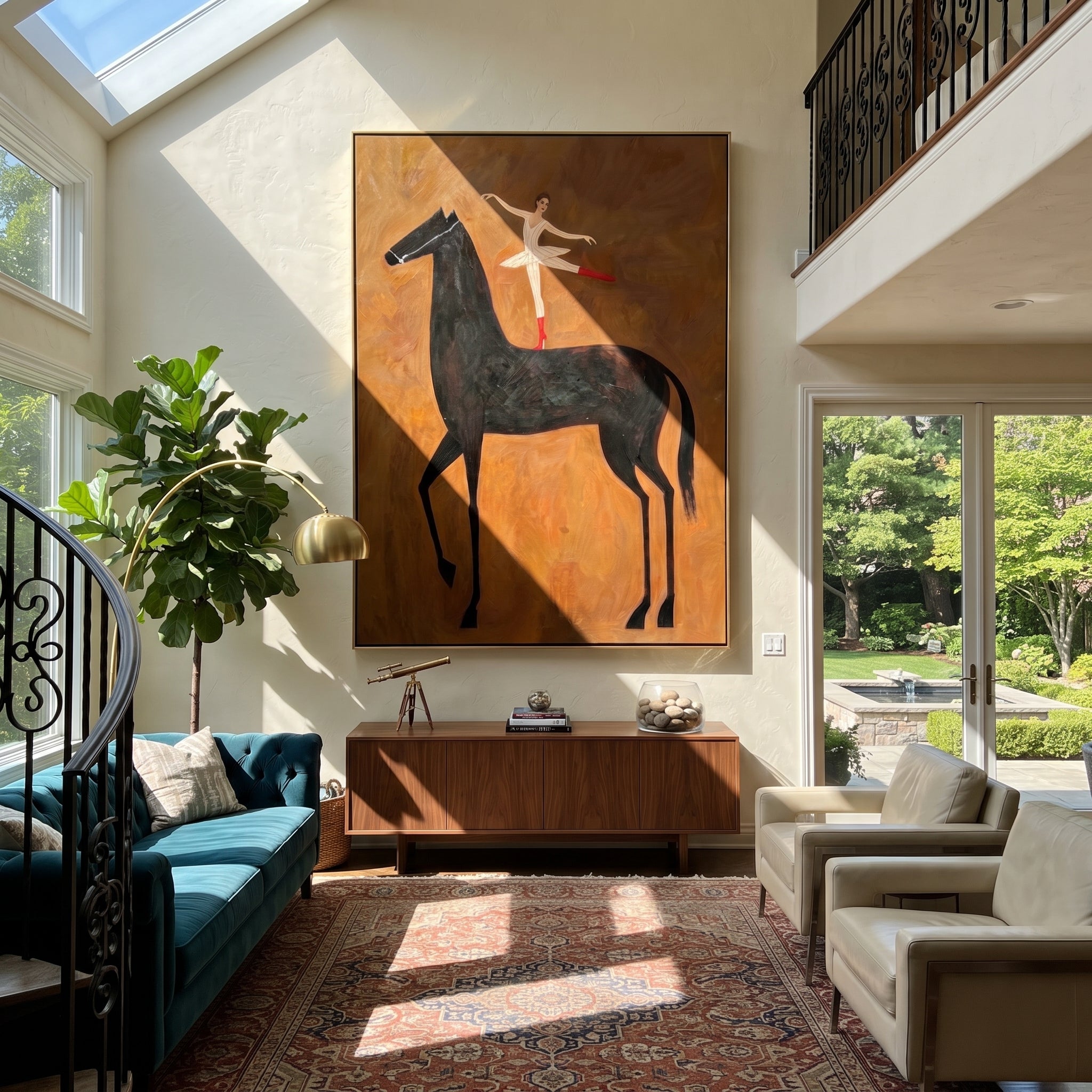 Dancer Opens Ochre Air - ballerina black horse painting by Isabelle Laurent, modern Western vertical wall art – styled room scene view 1