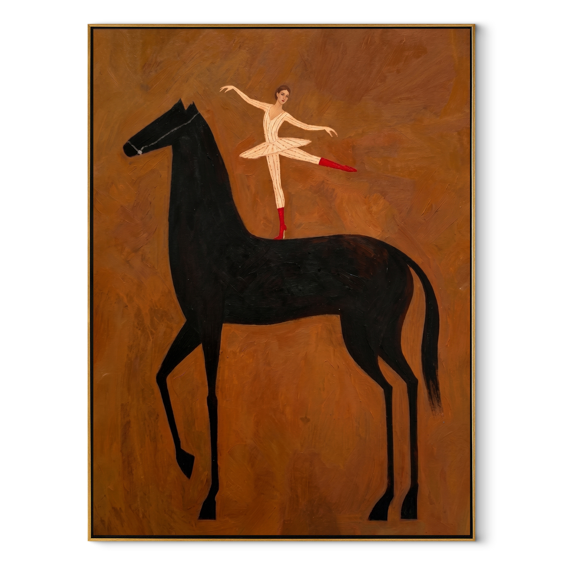 Dancer Opens Ochre Air - ballerina black horse painting by Isabelle Laurent, modern Western vertical wall art – wood frame on white background