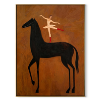 Dancer Opens Ochre Air - ballerina black horse painting by Isabelle Laurent, modern Western vertical wall art – wood frame on white background