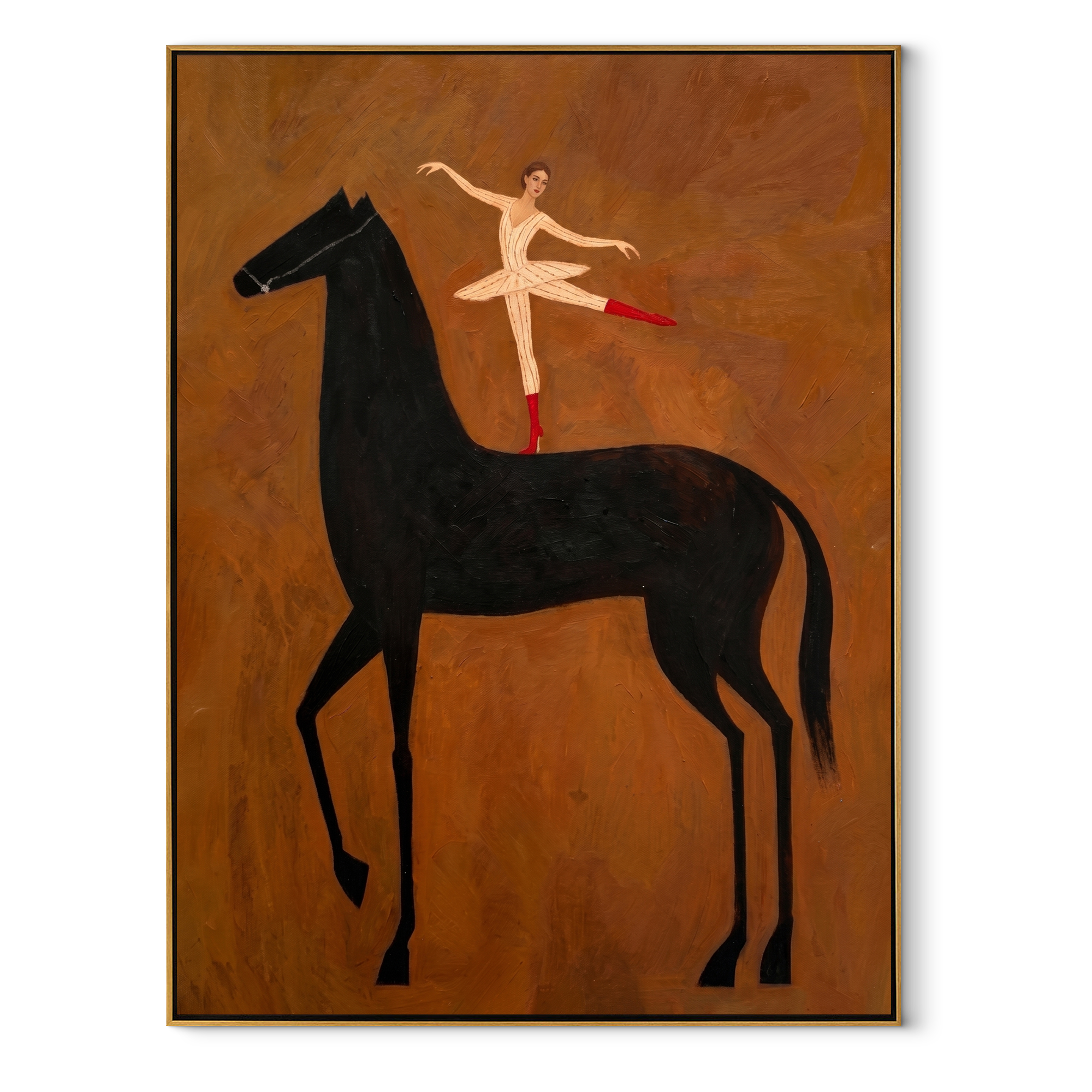 Dancer Opens Ochre Air - ballerina black horse painting by Isabelle Laurent, modern Western vertical wall art – wood frame on white background