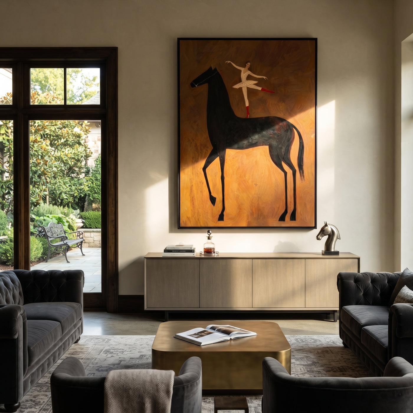 Dancer Opens Ochre Air - ballerina black horse painting by Isabelle Laurent, modern Western vertical wall art – styled room scene view 2