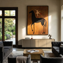 Dancer Opens Ochre Air - ballerina black horse painting by Isabelle Laurent, modern Western vertical wall art – styled room scene view 2