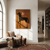 Dancer Opens Ochre Air - ballerina black horse painting by Isabelle Laurent, modern Western vertical wall art – styled room scene view 3