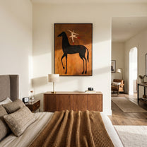 Dancer Opens Ochre Air - ballerina black horse painting by Isabelle Laurent, modern Western vertical wall art – styled room scene view 4