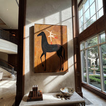 Dancer Opens Ochre Air - ballerina black horse painting by Isabelle Laurent, modern Western vertical wall art – styled room scene view 5