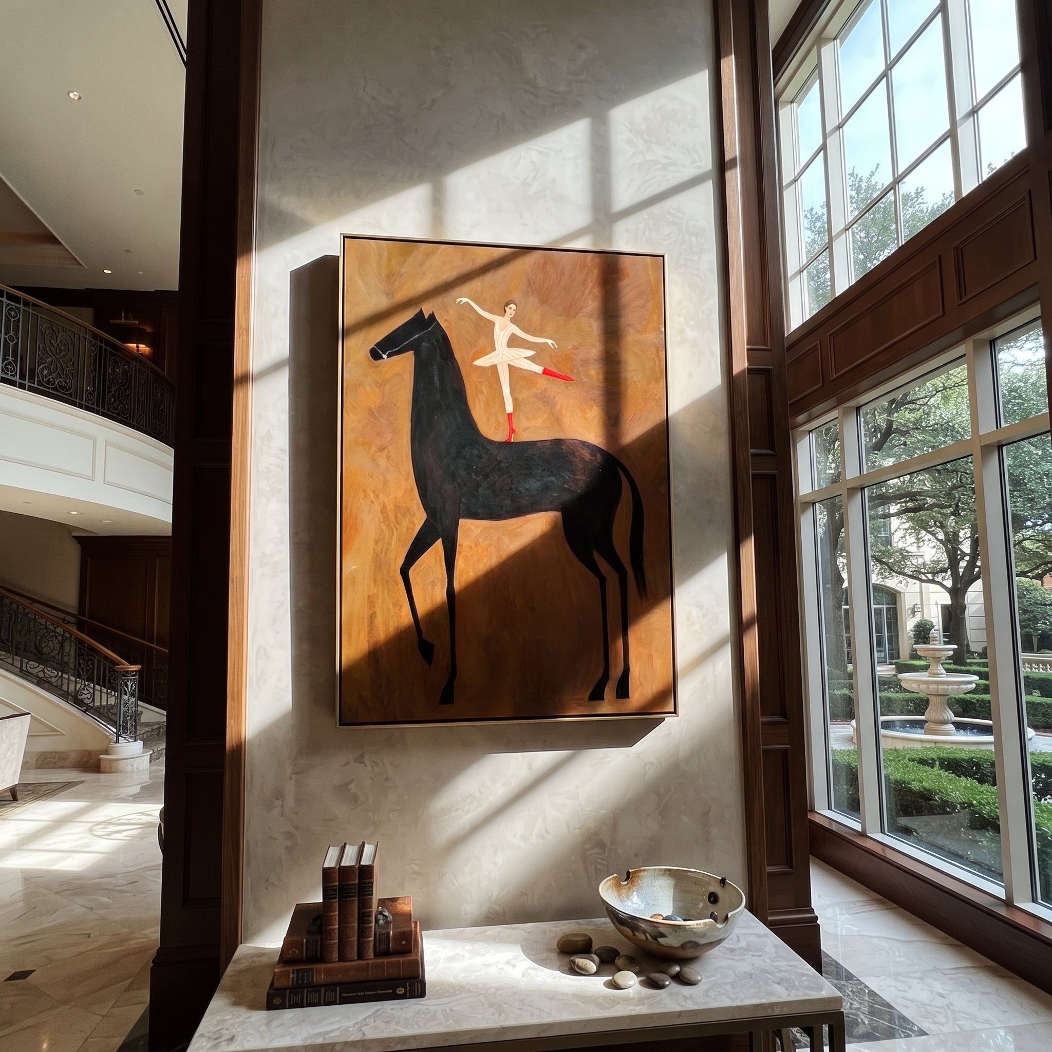 Dancer Opens Ochre Air - ballerina black horse painting by Isabelle Laurent, modern Western vertical wall art – styled room scene view 5