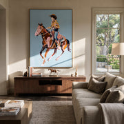 Floral Shirt Breaks Blue - cowgirl galloping horse painting by Isabelle Laurent, modern Western vertical wall art – styled room scene view 1