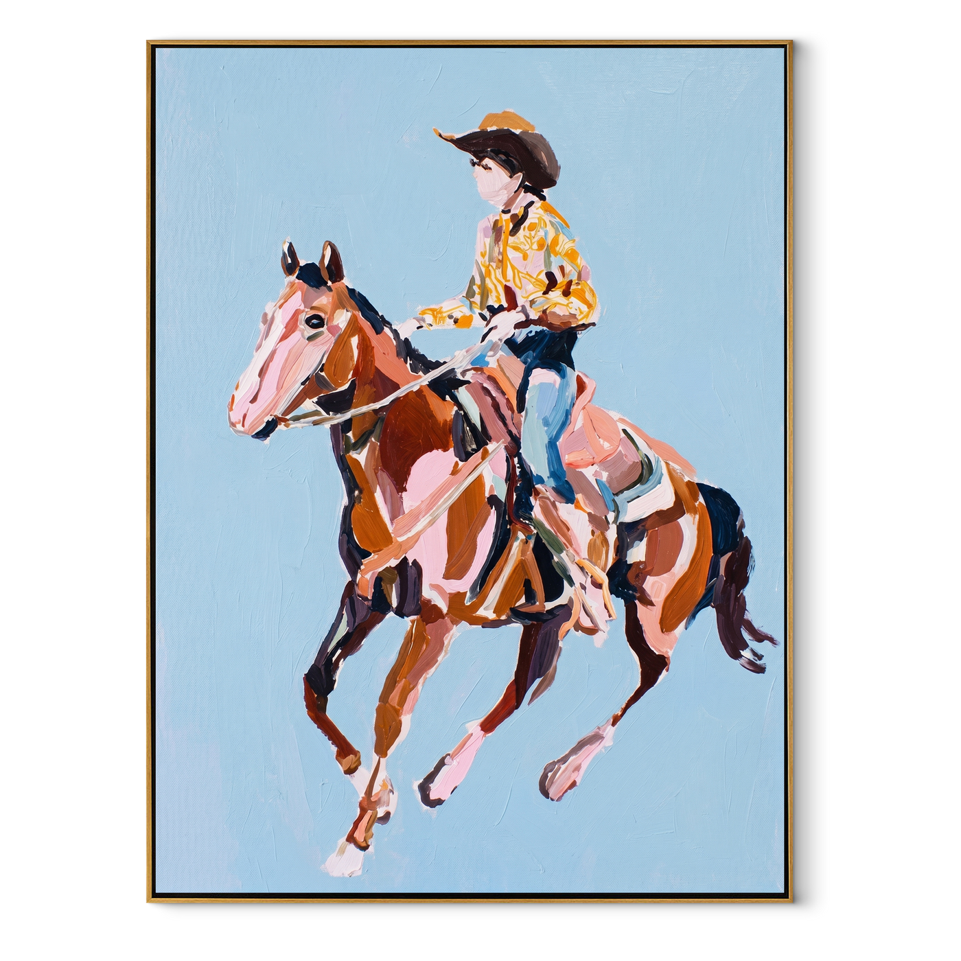 Floral Shirt Breaks Blue - cowgirl galloping horse painting by Isabelle Laurent, modern Western vertical wall art – wood frame on white background