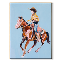 Floral Shirt Breaks Blue - cowgirl galloping horse painting by Isabelle Laurent, modern Western vertical wall art – wood frame on white background