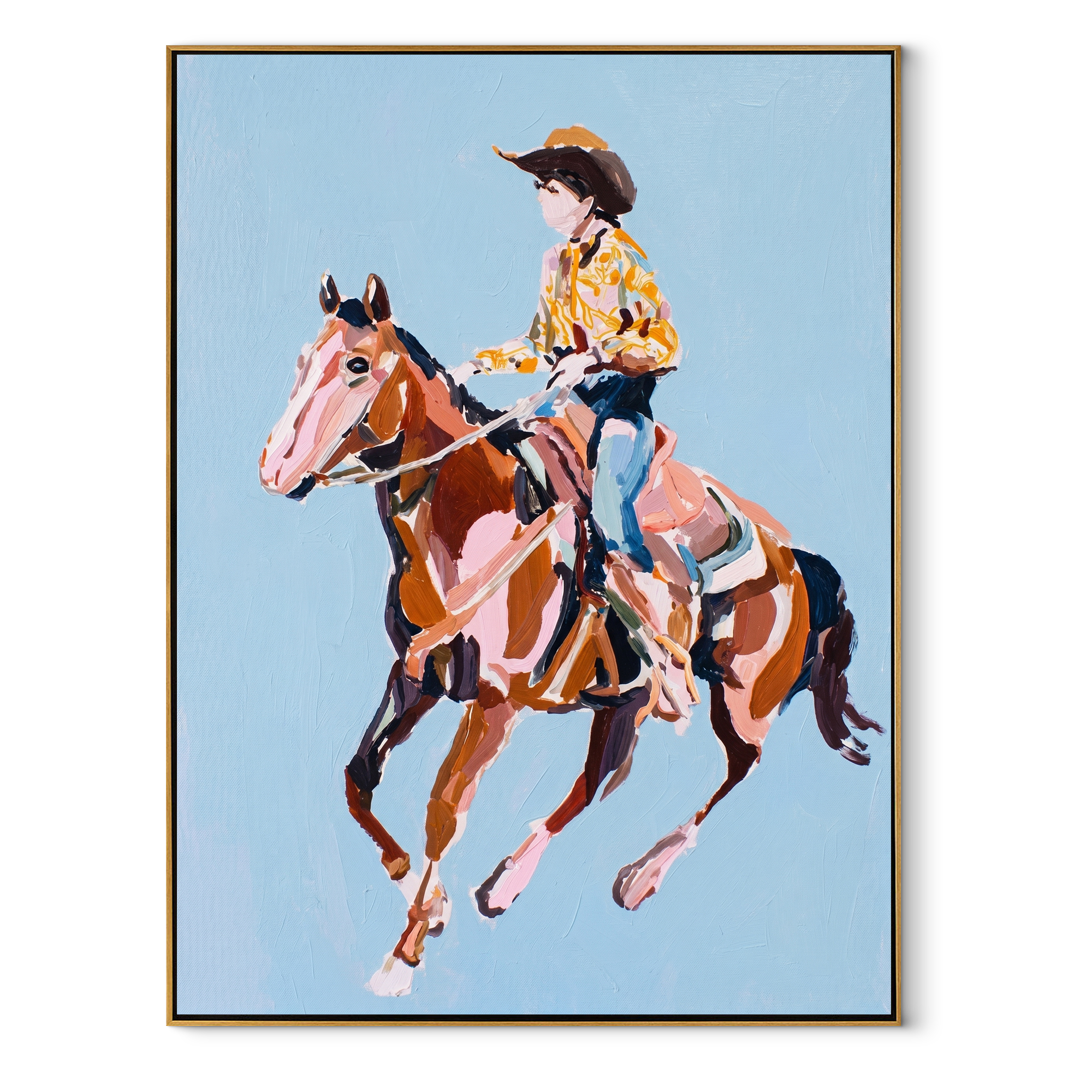 Floral Shirt Breaks Blue - cowgirl galloping horse painting by Isabelle Laurent, modern Western vertical wall art – wood frame on white background