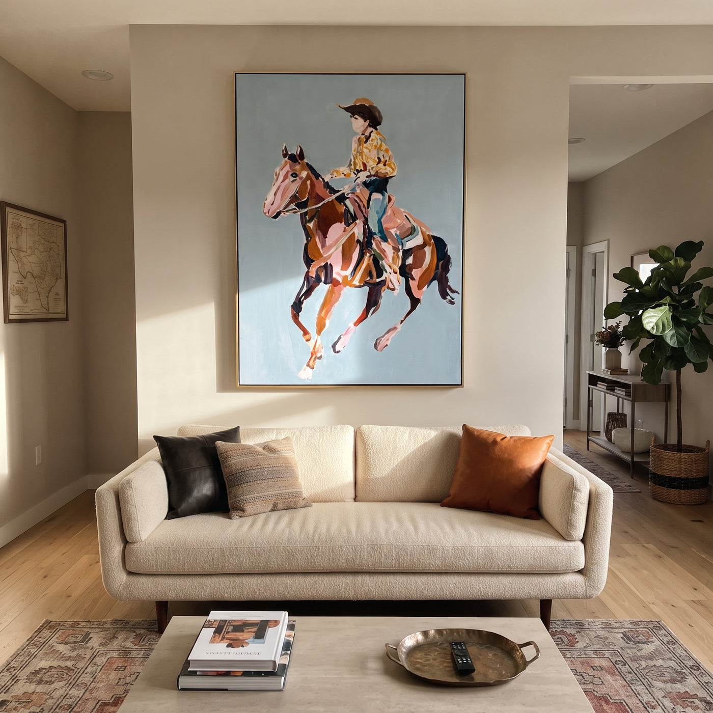 Floral Shirt Breaks Blue - cowgirl galloping horse painting by Isabelle Laurent, modern Western vertical wall art – styled room scene view 2