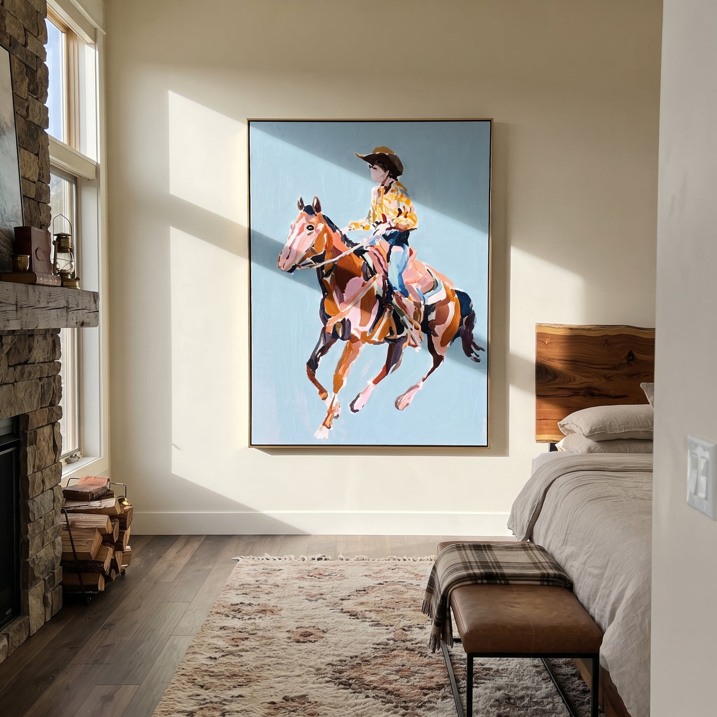 Floral Shirt Breaks Blue - cowgirl galloping horse painting by Isabelle Laurent, modern Western vertical wall art – styled room scene view 3