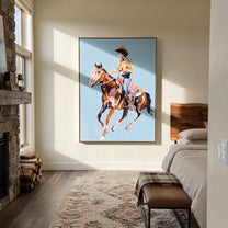 Floral Shirt Breaks Blue - cowgirl galloping horse painting by Isabelle Laurent, modern Western vertical wall art – styled room scene view 3