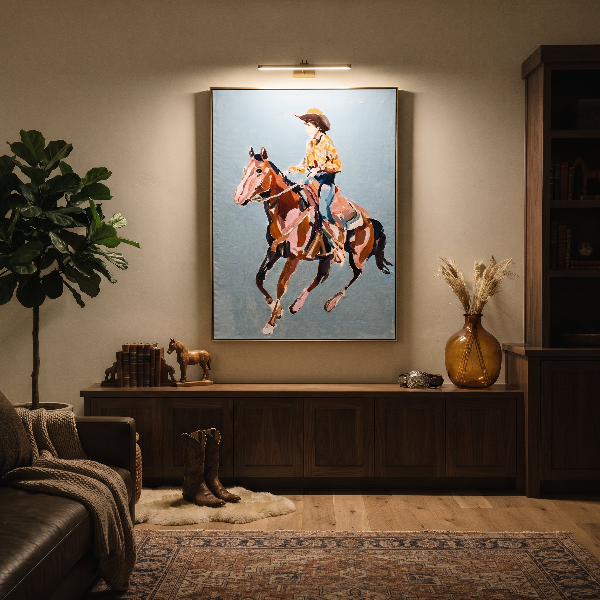 Floral Shirt Breaks Blue - cowgirl galloping horse painting by Isabelle Laurent, modern Western vertical wall art – styled room scene view 4