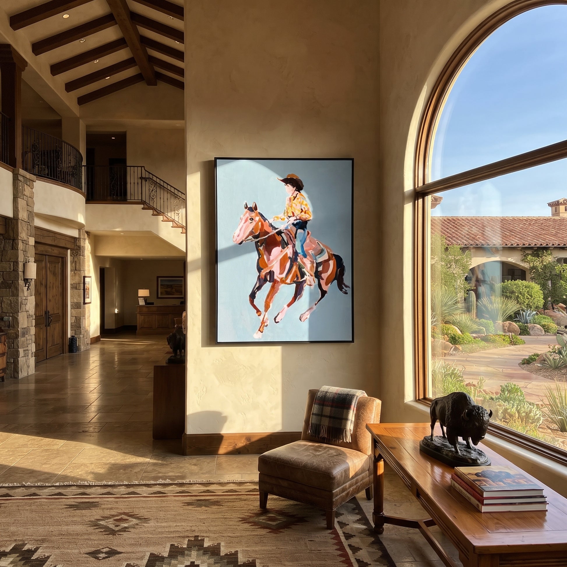 Floral Shirt Breaks Blue - cowgirl galloping horse painting by Isabelle Laurent, modern Western vertical wall art – styled room scene view 5