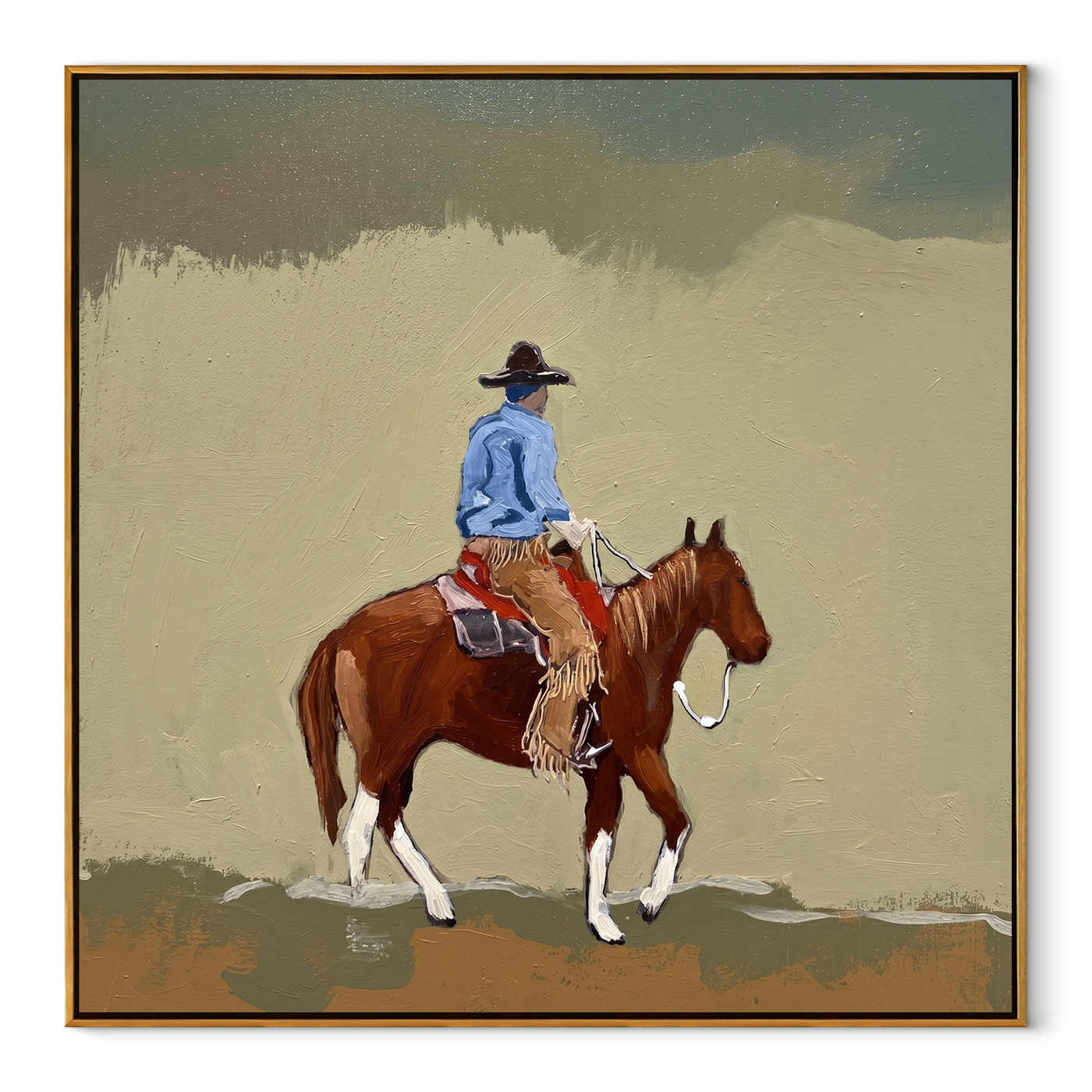 Dusty Trail Carries Home - cowboy trail horse painting by Isabelle Laurent, modern Western square wall art – wood frame on white background