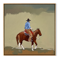 Dusty Trail Carries Home - cowboy trail horse painting by Isabelle Laurent, modern Western square wall art – wood frame on white background