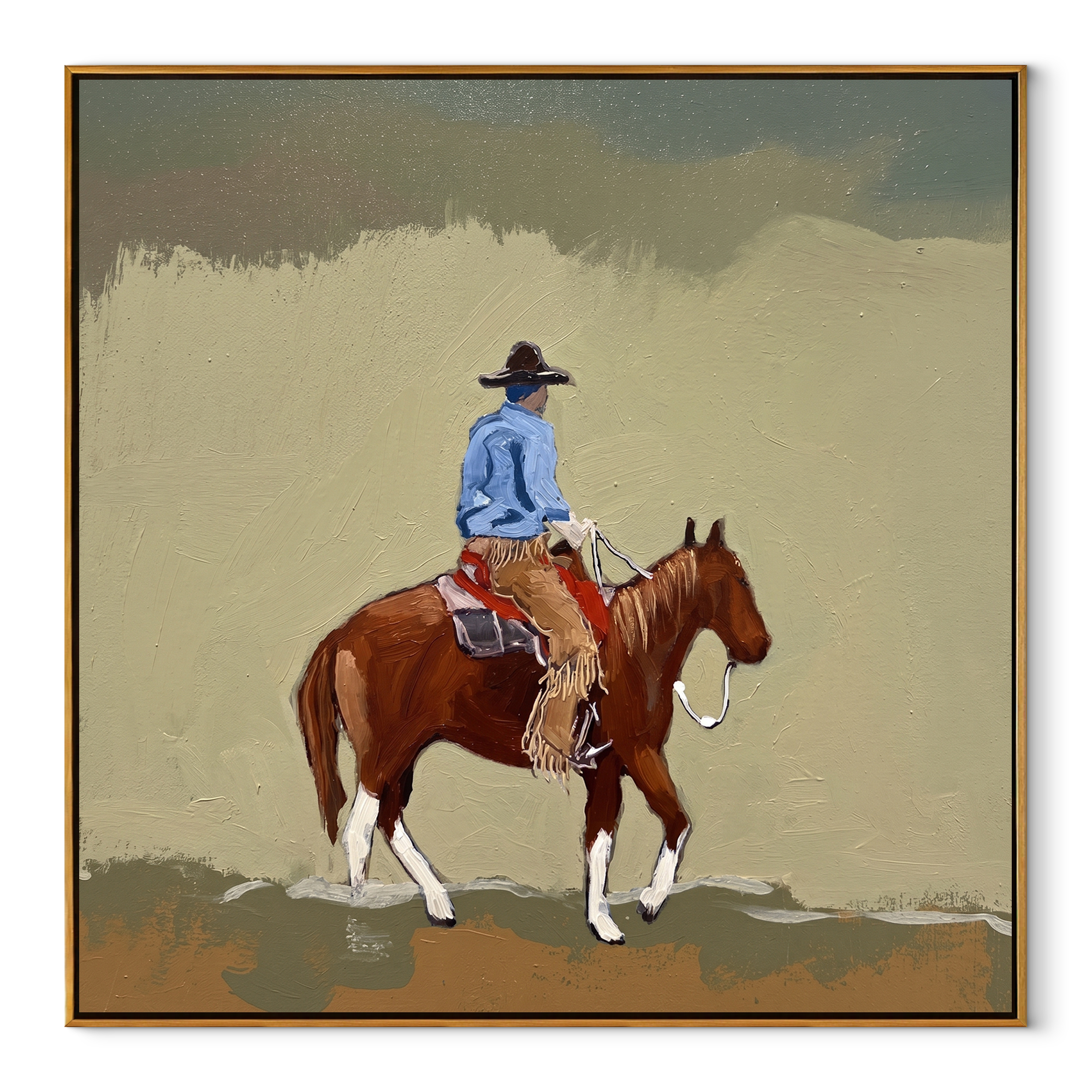 Dusty Trail Carries Home - cowboy trail horse painting by Isabelle Laurent, modern Western square wall art – wood frame on white background