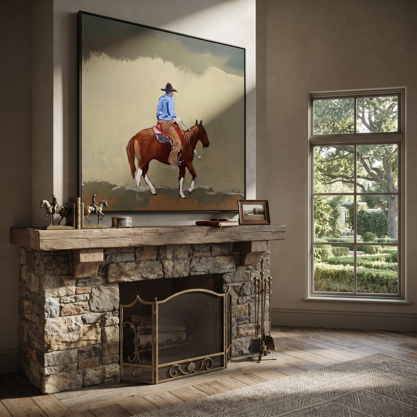 Dusty Trail Carries Home - cowboy trail horse painting by Isabelle Laurent, modern Western square wall art – styled room scene view 2