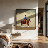 Dusty Trail Carries Home - cowboy trail horse painting by Isabelle Laurent, modern Western square wall art – styled room scene view 4