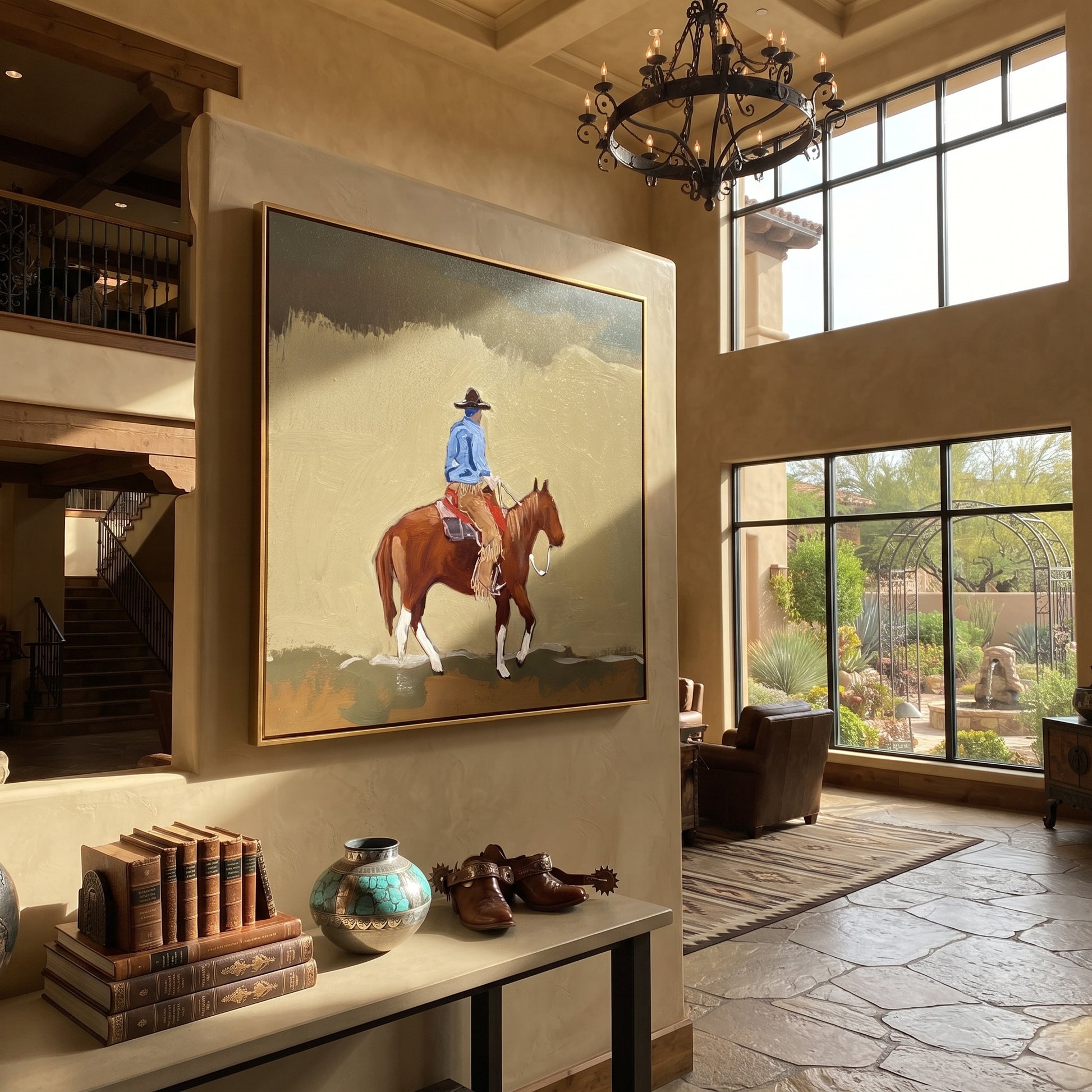 Dusty Trail Carries Home - cowboy trail horse painting by Isabelle Laurent, modern Western square wall art – styled room scene view 5