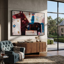Blue Rider Guards Burgundy - abstract burgundy horse painting by Isabelle Laurent, modern Western horizontal wall art – styled room scene view 1