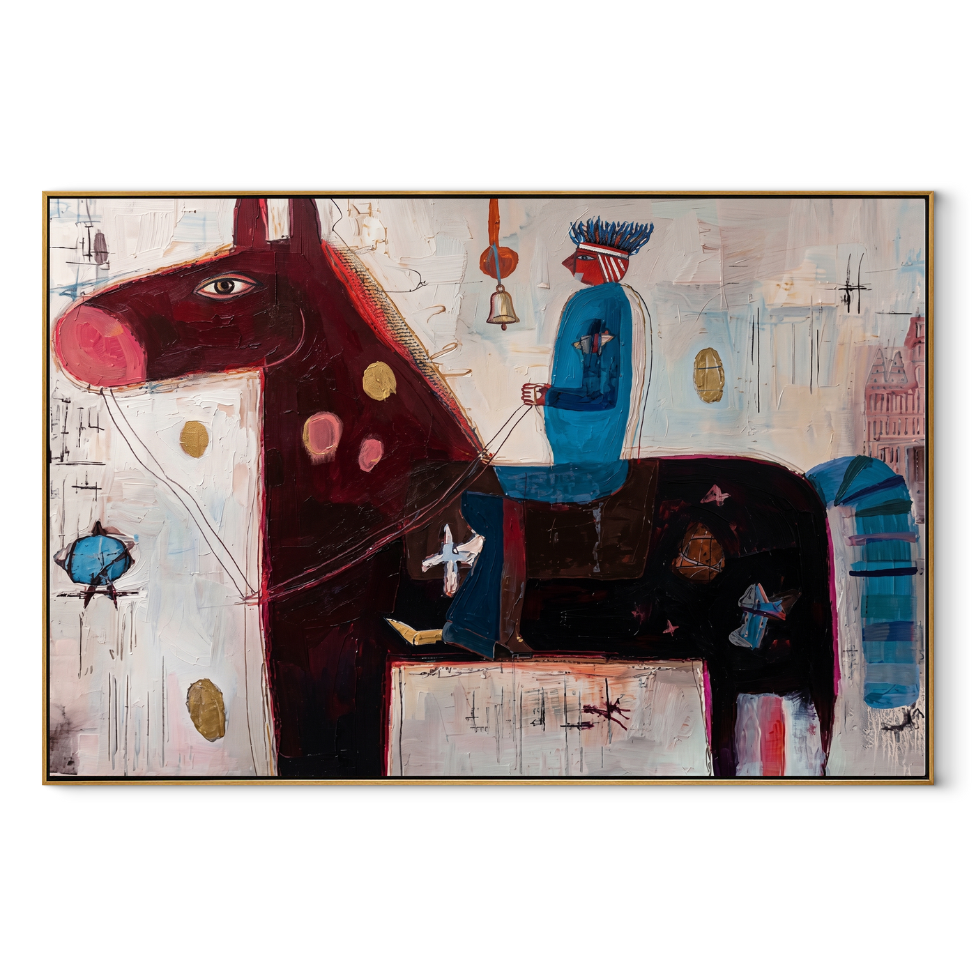 Blue Rider Guards Burgundy - abstract burgundy horse painting by Isabelle Laurent, modern Western horizontal wall art – wood frame on white background