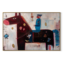 Blue Rider Guards Burgundy - abstract burgundy horse painting by Isabelle Laurent, modern Western horizontal wall art – wood frame on white background
